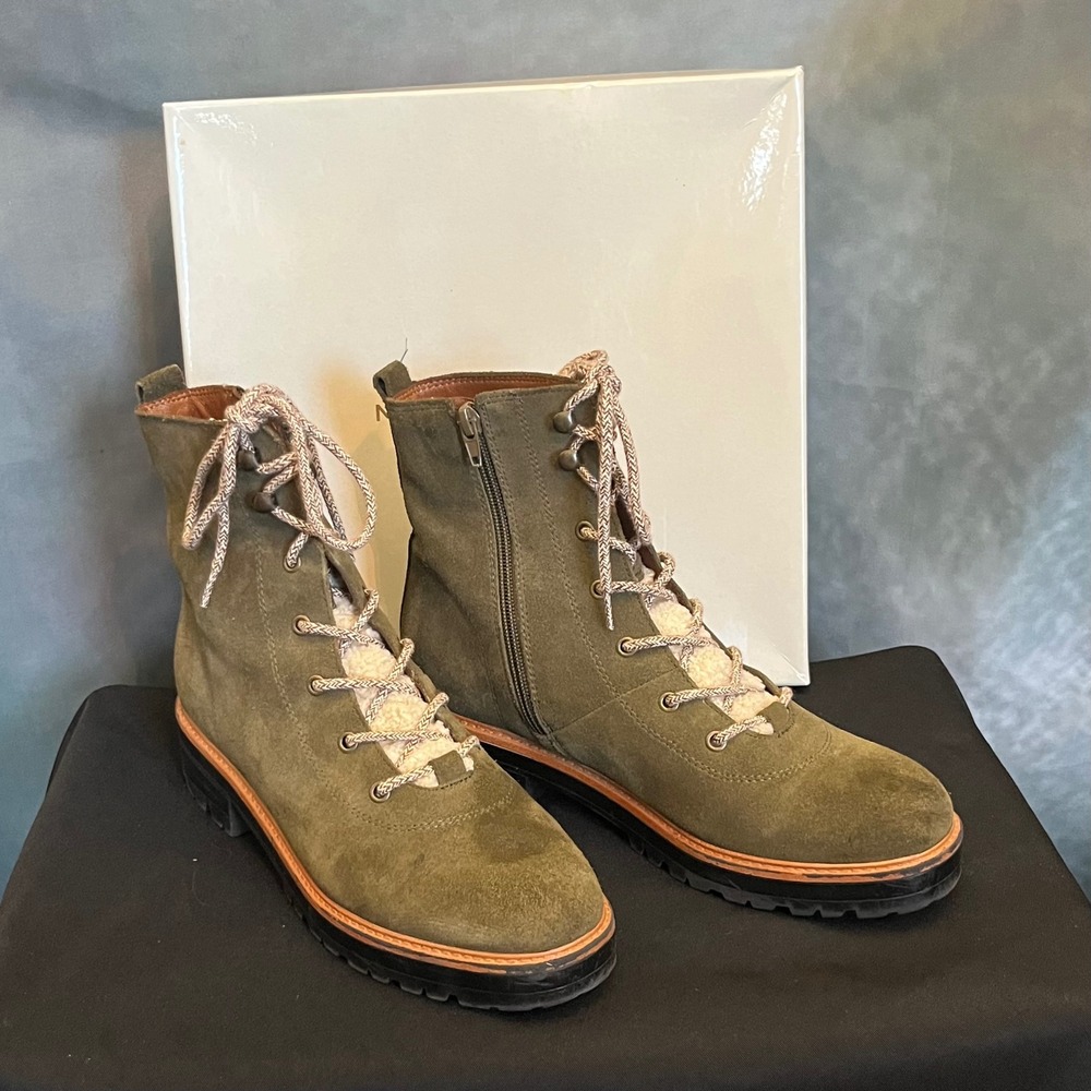 Marc Fisher Izma Suede‎ Lace Up Fur Lined Combat Boots Women Olive Green Size 10